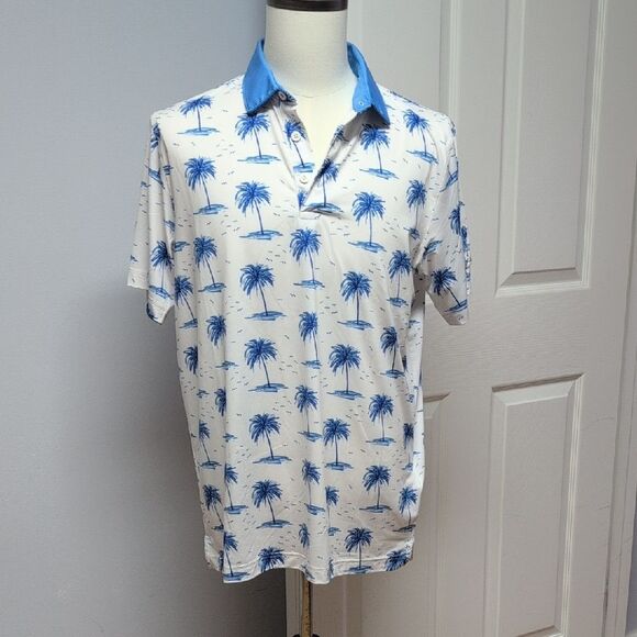 Puma Other - Puma White/Blue Palm Tree Print Polo Shirt Embroidered Founders Club Sleeve Sz M